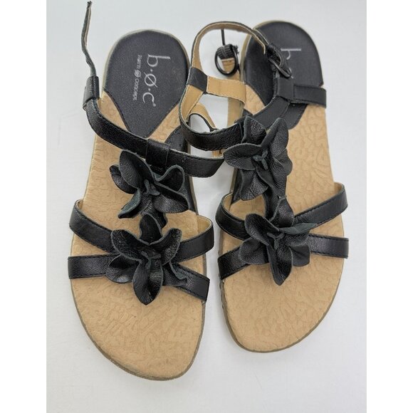 B.O.C. Børn Strappy Sandals Black Leather Flowers Flat Heel Sz 7/38 Preppy Boho - Picture 7 of 10